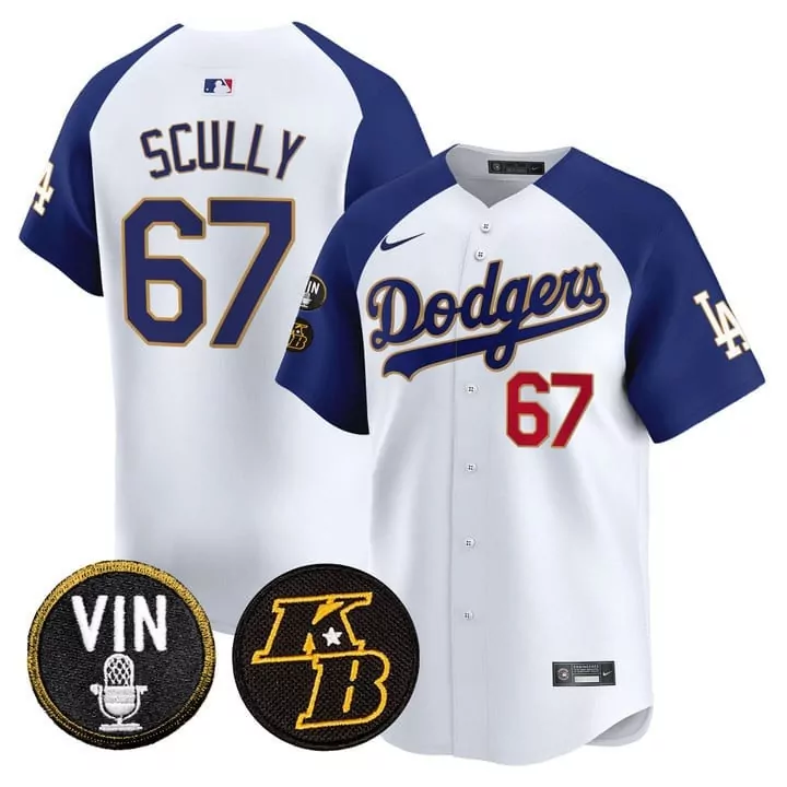 Vin Scully Dodgers White Alternate Kobe Patch Jersey | Gold Trim | Vapor Premier Limited Edition for All