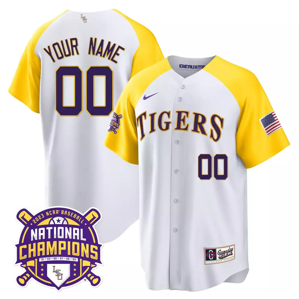 white alternate men lsu tigers 2023 national champions alternate color sleeves custom jersey all stitched