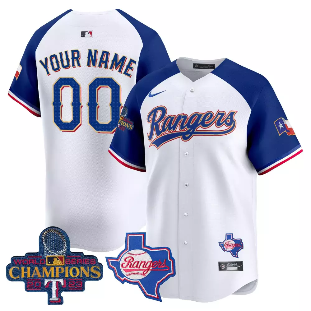 white alternate youth texas rangers 2023 world series champions gold trim vapor premier limited custom jersey v2 all sti