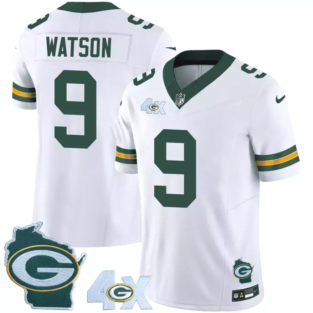 Christian Watson Green Bay Packers 4x Champs Home Patch Jersey | White Vapor Design | All Stitched Fan Gear for Men, Women & Youth