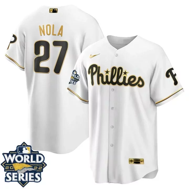 white gold aaron nola mens philadelphia phillies 2022 world series jersey all stitched