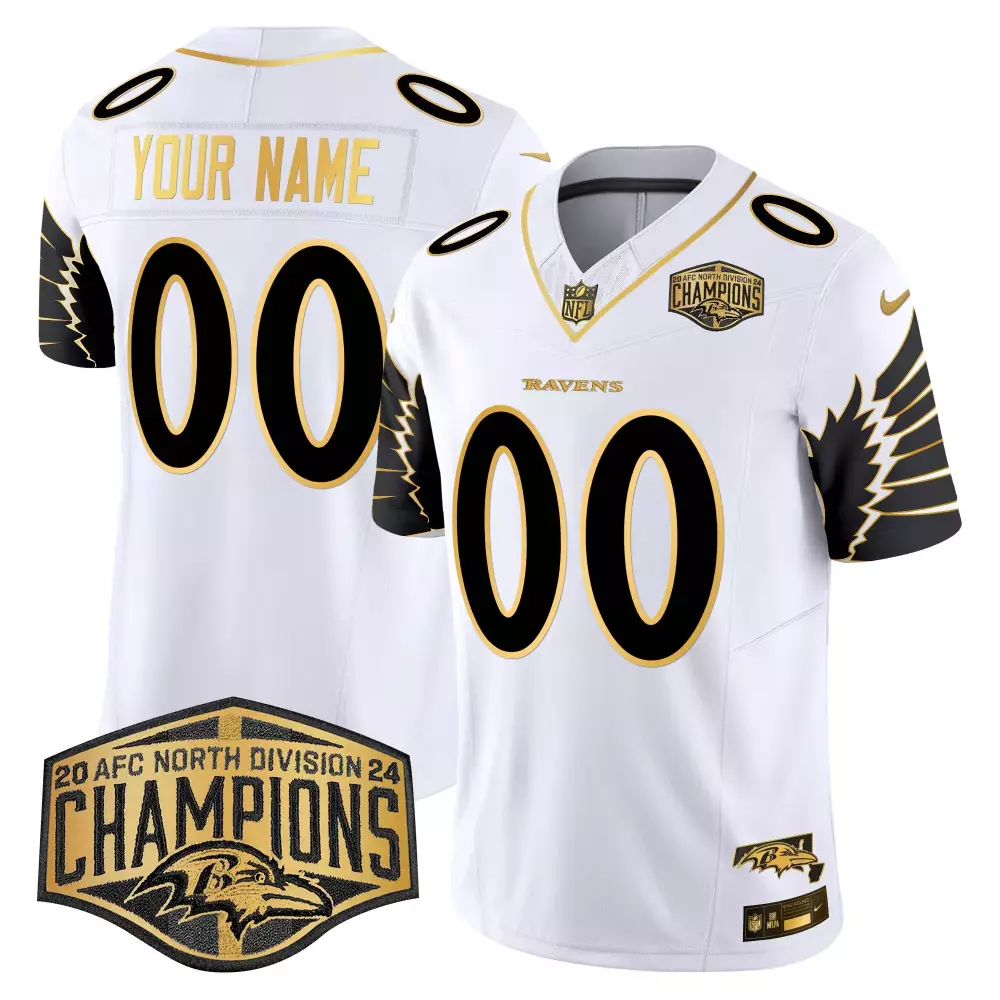 white gold men baltimore ravens maryland 2024 afc north division champions patch gold vapor limited custom jersey all st