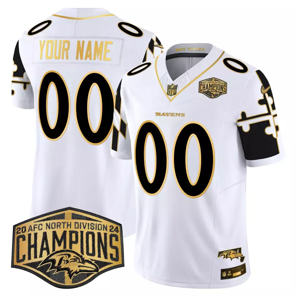 white gold men baltimore ravens maryland 2024 afc north division champions patch gold vapor limited custom jersey all st