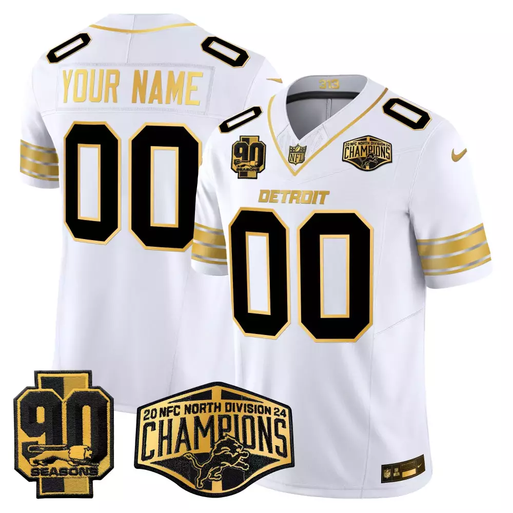 white gold men detroit lions 2024 nfc north division champions patch gold vapor limited custom jersey all stitched