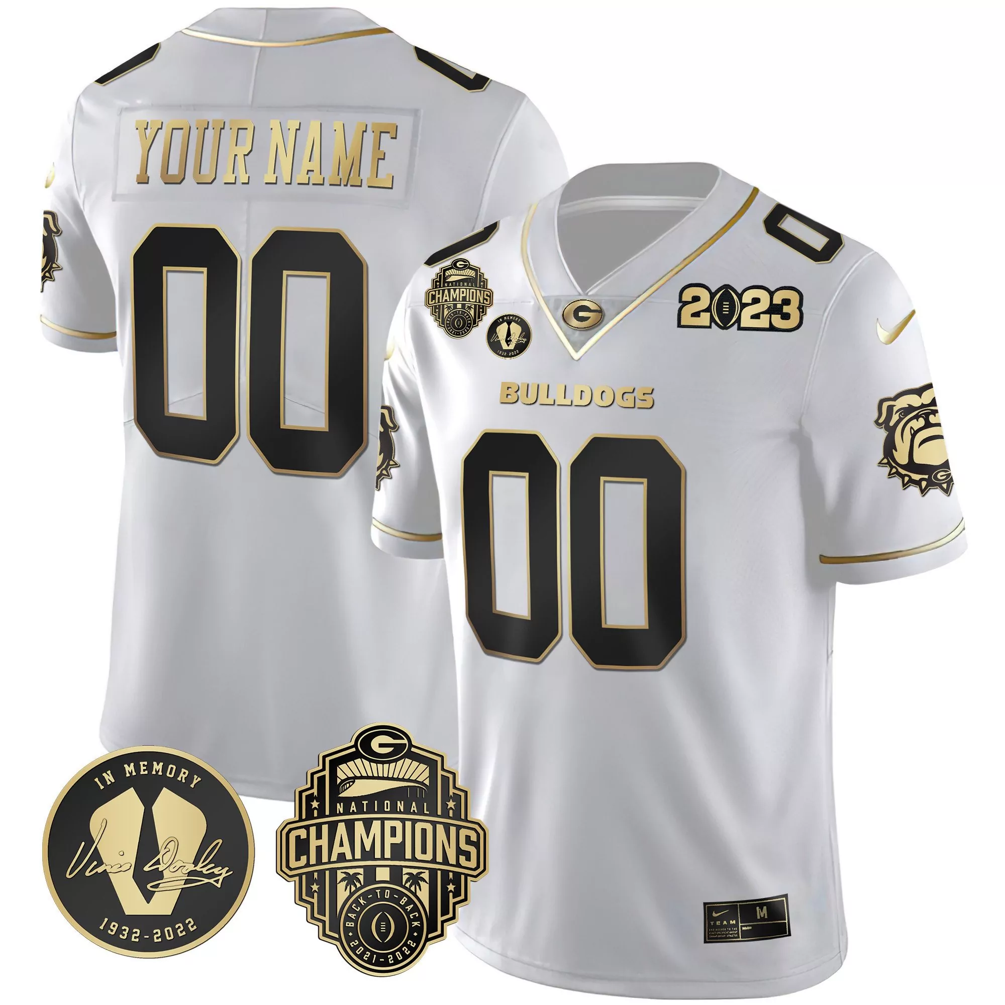 white gold men georgia bulldogs 2023 vince dooley patch gold custom jersey all stitched