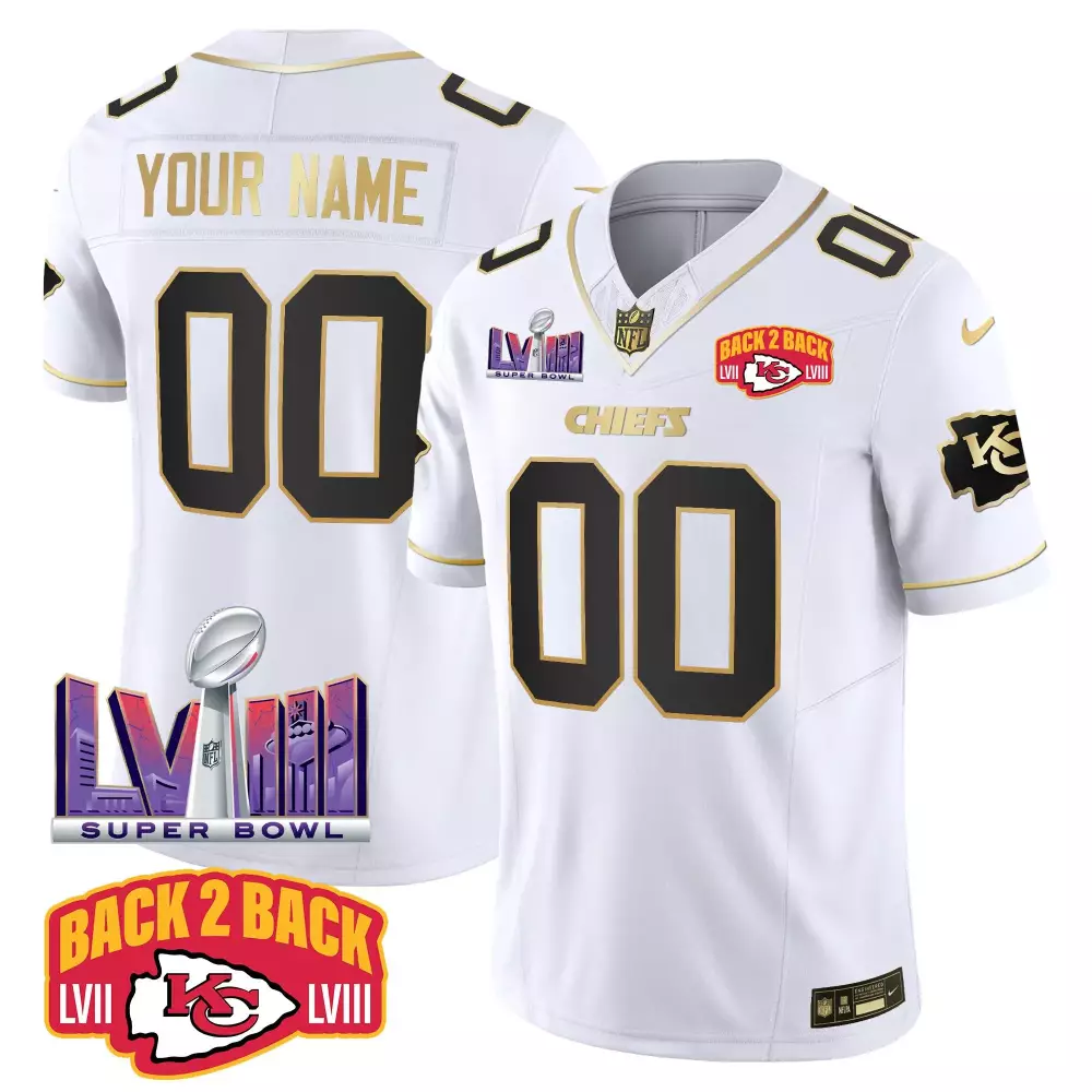 white gold men kansas city chiefs super bowl lviii back 2 back gold game custom jersey all stitched