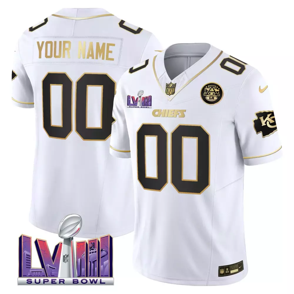 white gold men kansas city chiefs super bowl lviii gold patch vapor custom jersey v3 all stitched