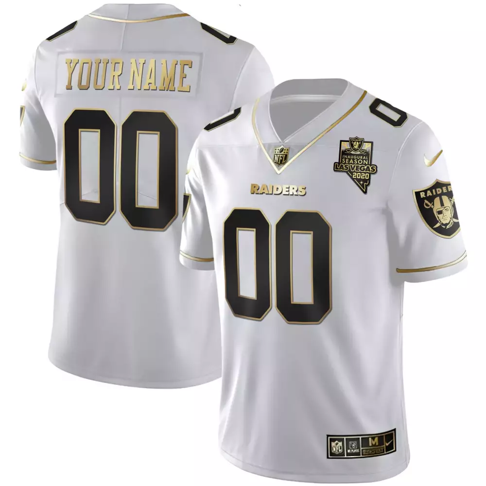 white gold men las vegas raiders inaugural season patch gold split custom name and number all stitched