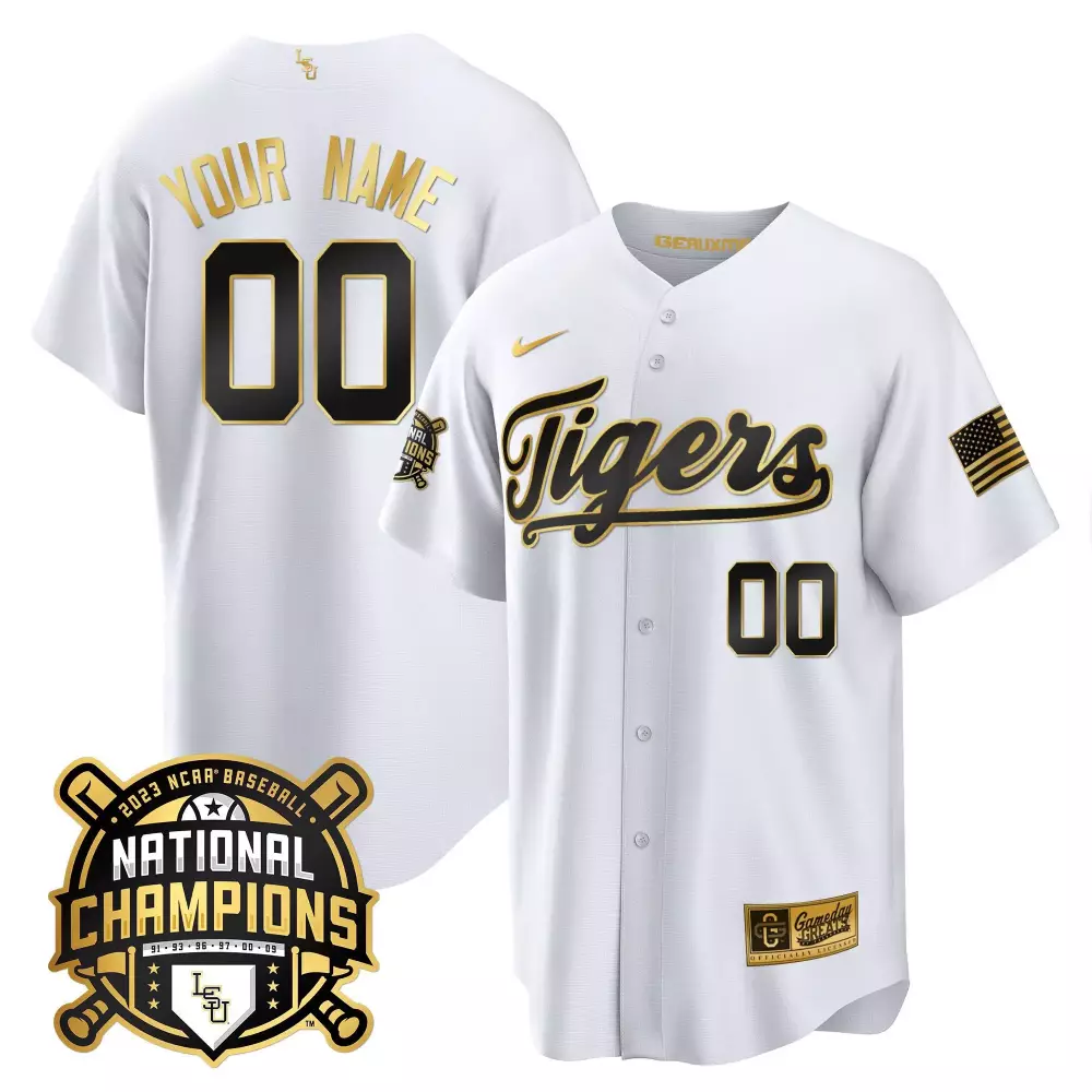 white alternate men lsu tigers 2023 national champions alternate color sleeves custom jersey all stitched