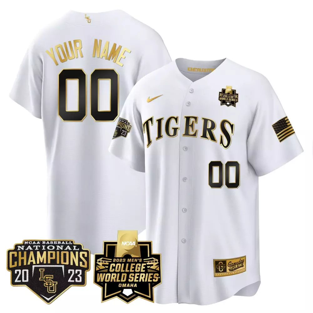 white gold men lsu tigers 2023 national champions gold cool custom jersey v4 all stitched