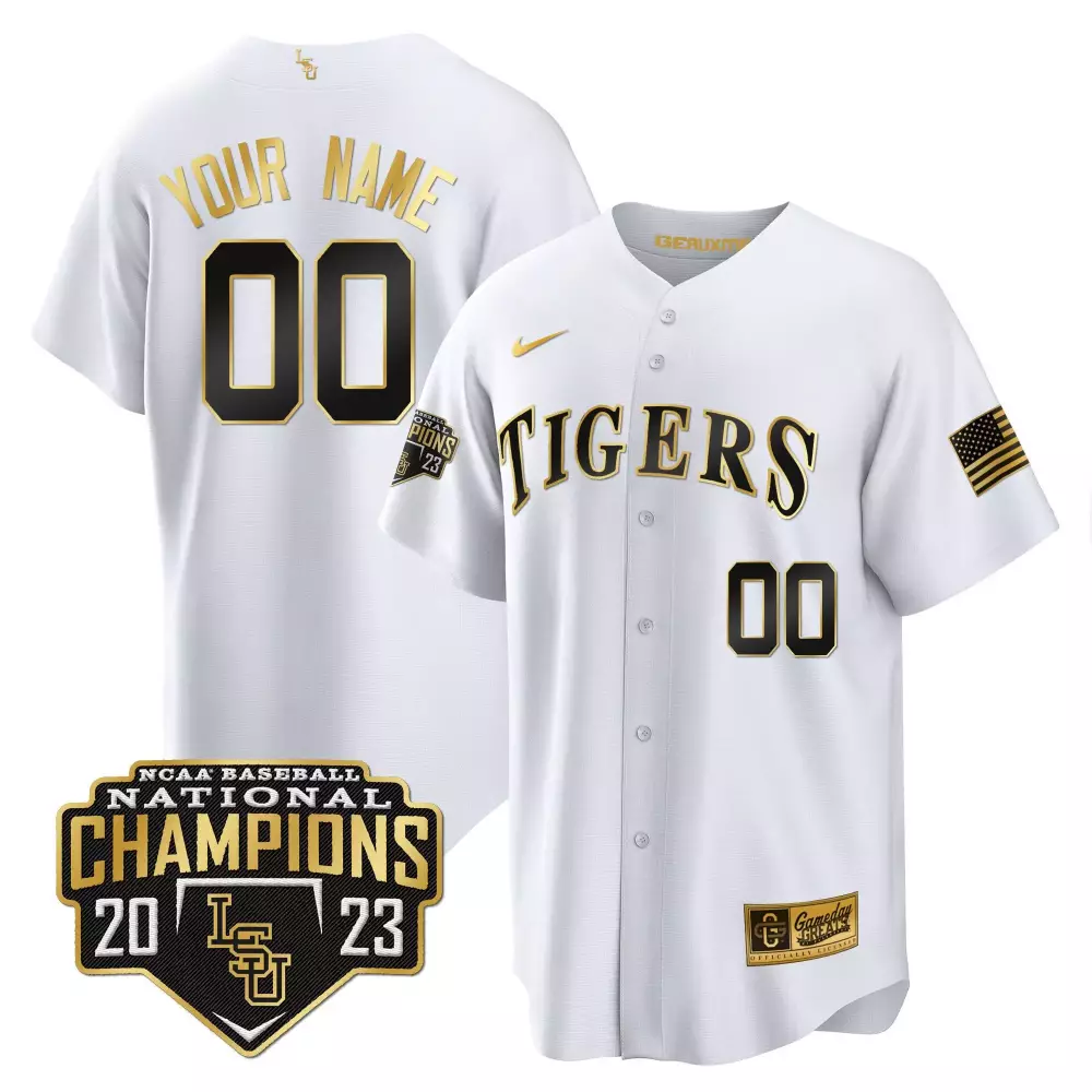 white gold men lsu tigers 2023 national champions gold cool custom jersey v4 all stitched