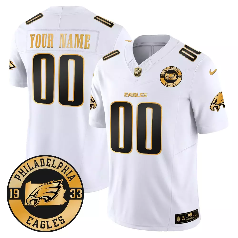 white gold men philadelphia eagles 2024 gold vapor limited custom jersey est 1933 patch all stitched