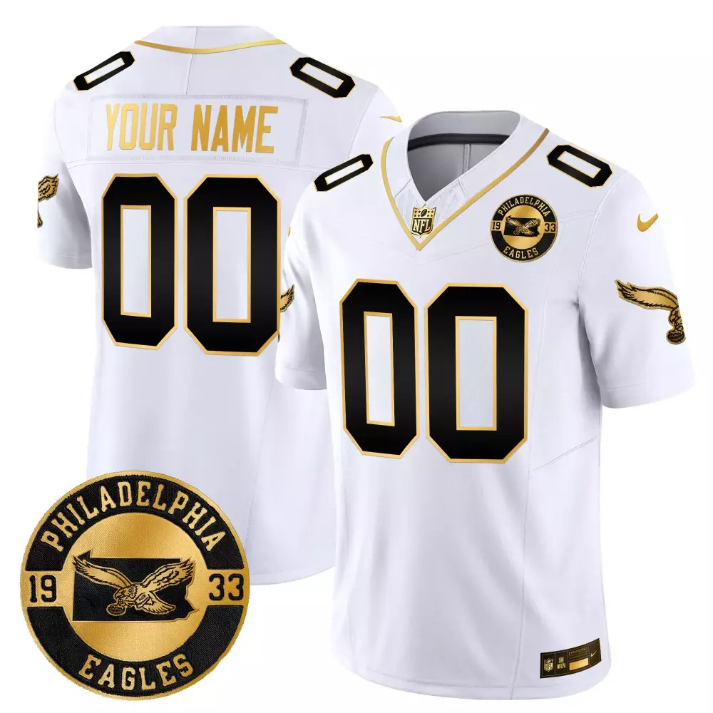white gold men philadelphia eagles 2024 gold vapor limited custom jersey est 1933 patch all stitched