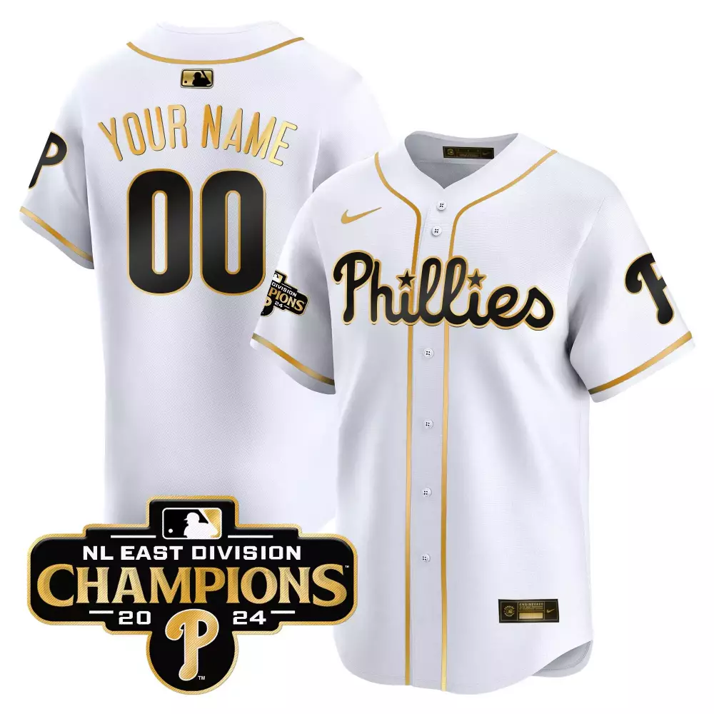 white gold men philadelphia phillies 2024 nl east division champions gold vapor premier limited custom jersey all stitch