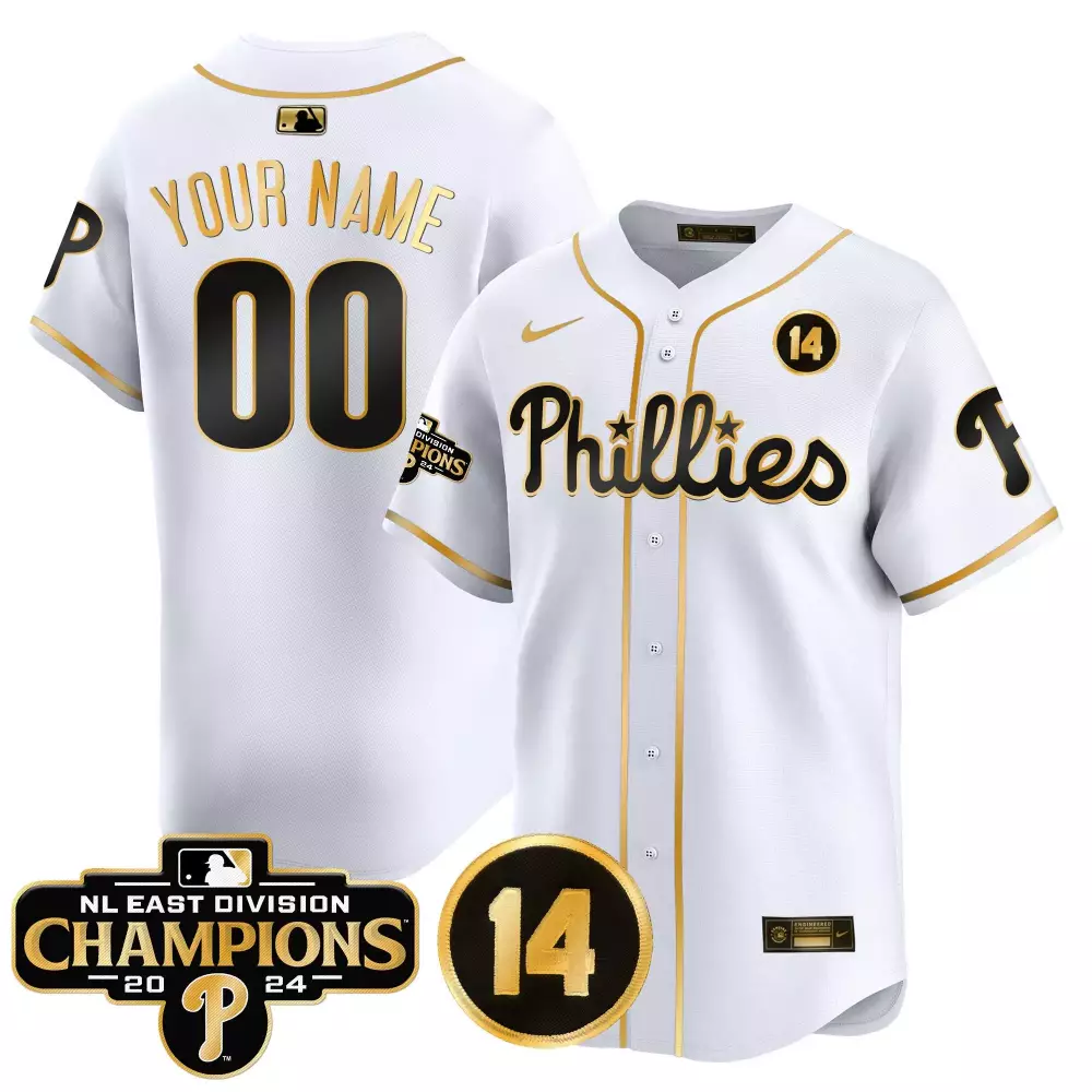 white gold men philadelphia phillies 2024 nl east division champions gold vapor premier limited custom jersey all stitch