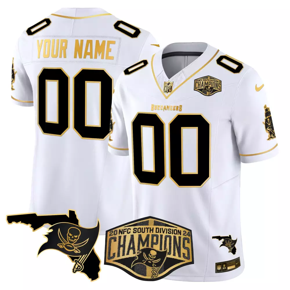 white gold men tampa bay buccaneers 2024 nfc south division champions patch gold vapor limited custom jersey all stitche