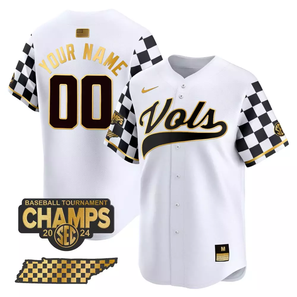 white gold men tennessee volunteers checkerboard 2024 tournament champions vapor premier limited custom jersey all stitc