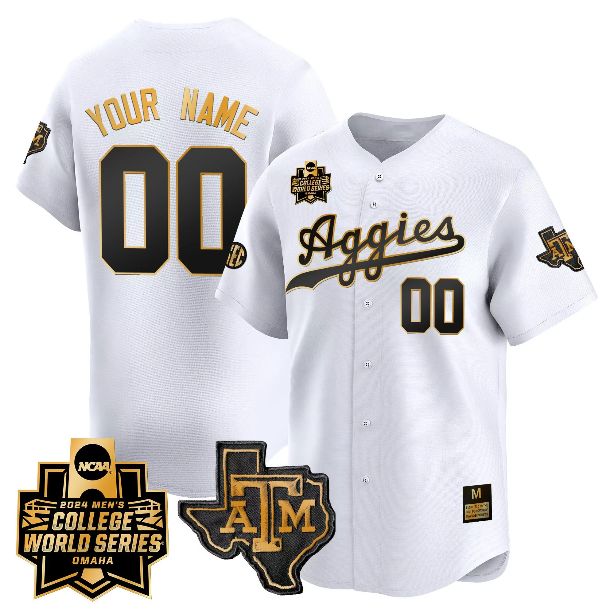 white gold men texas am aggies 2024 college world series vapor premier limited custom jersey all stitched