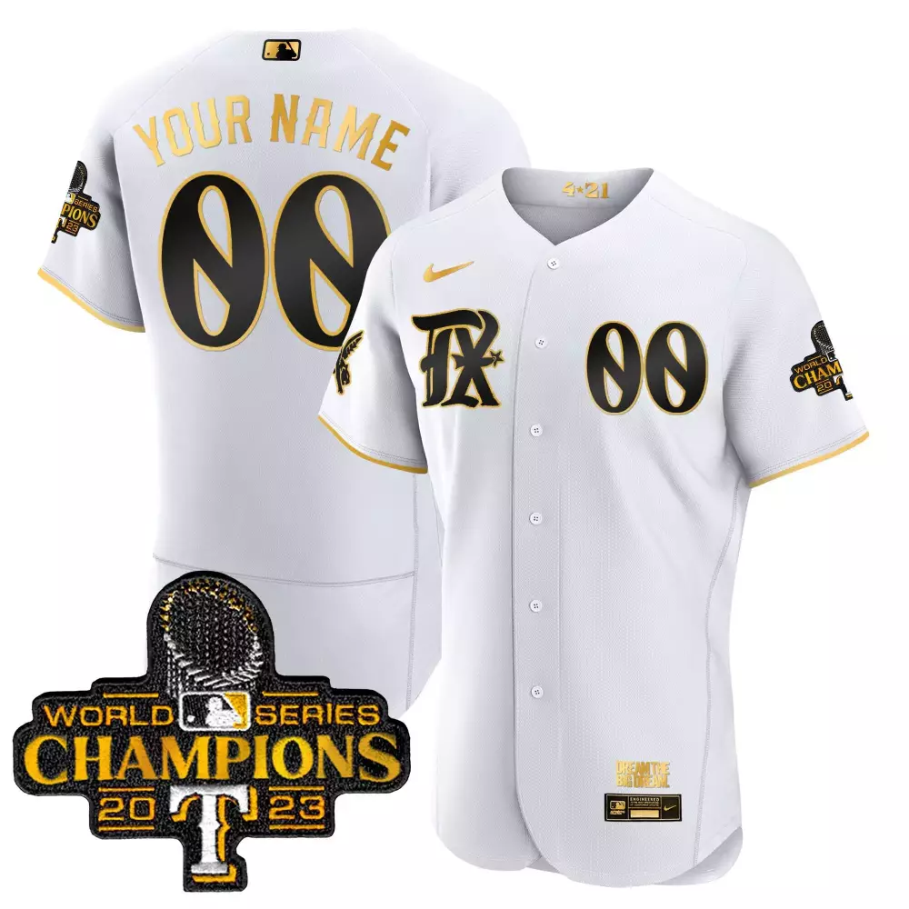 white gold men texas rangers 2023 world series champions city connect flex gold custom jersey all stitched