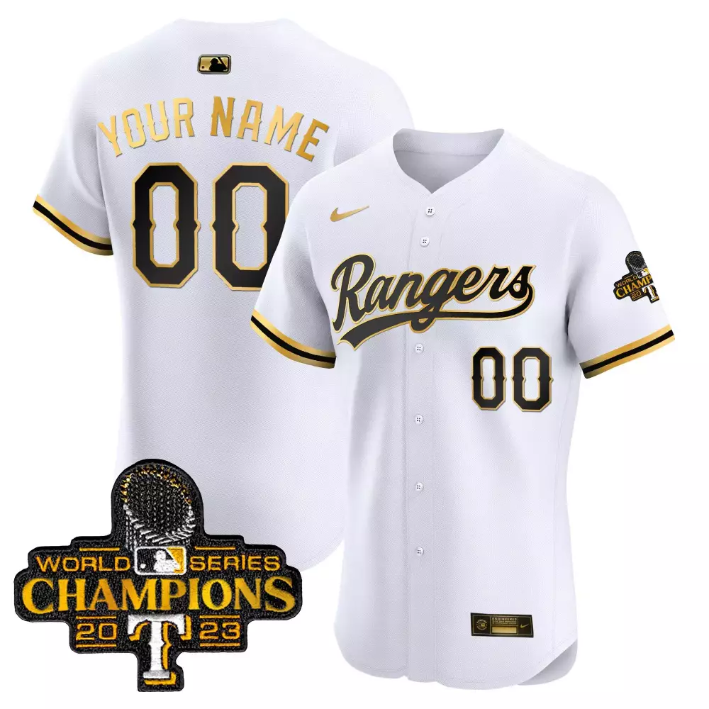 white gold men texas rangers 2023 world series champions gold trim vapor premier elite custom jersey all stitched