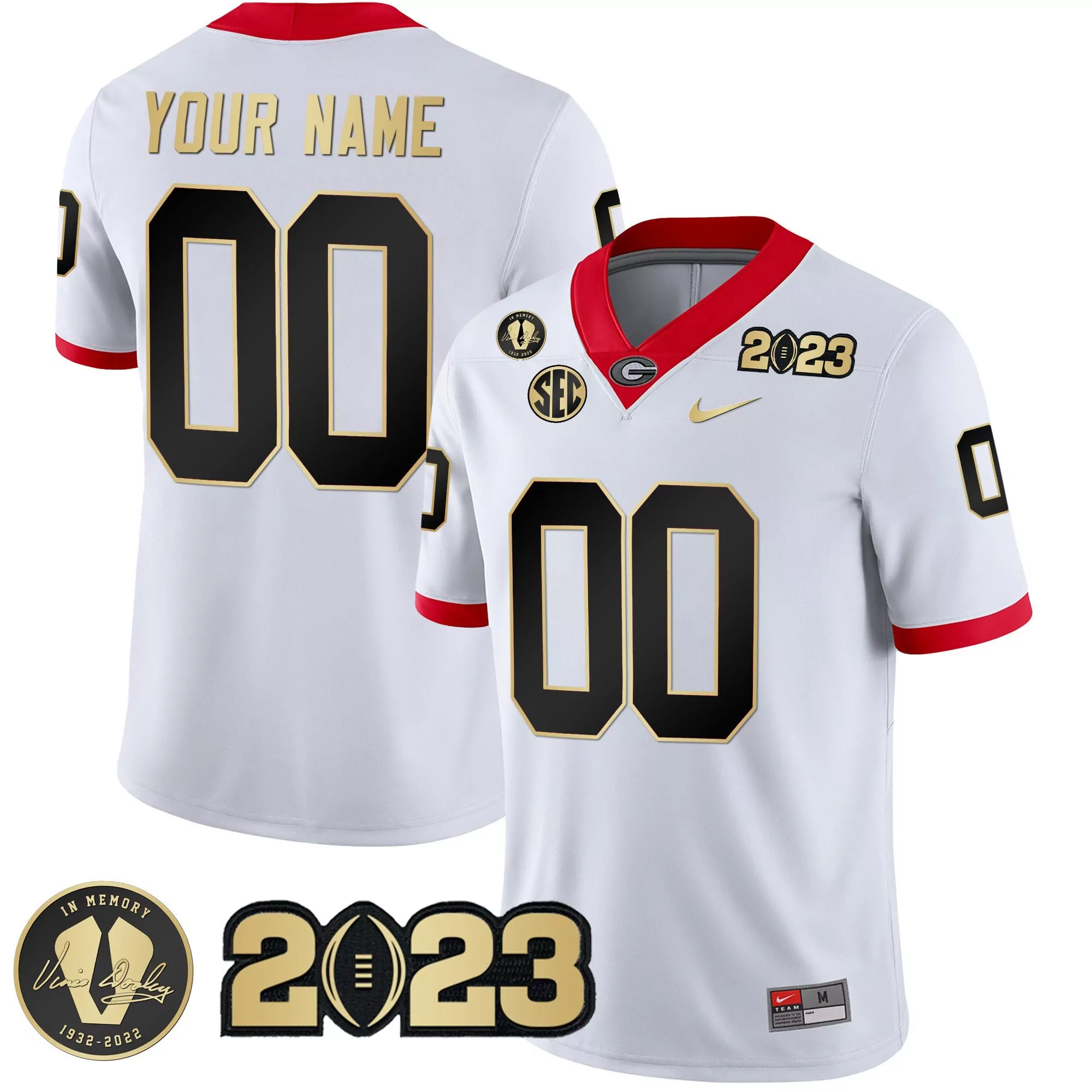 white gold men georgia bulldogs 2023 vince dooley patch gold custom jersey all stitched