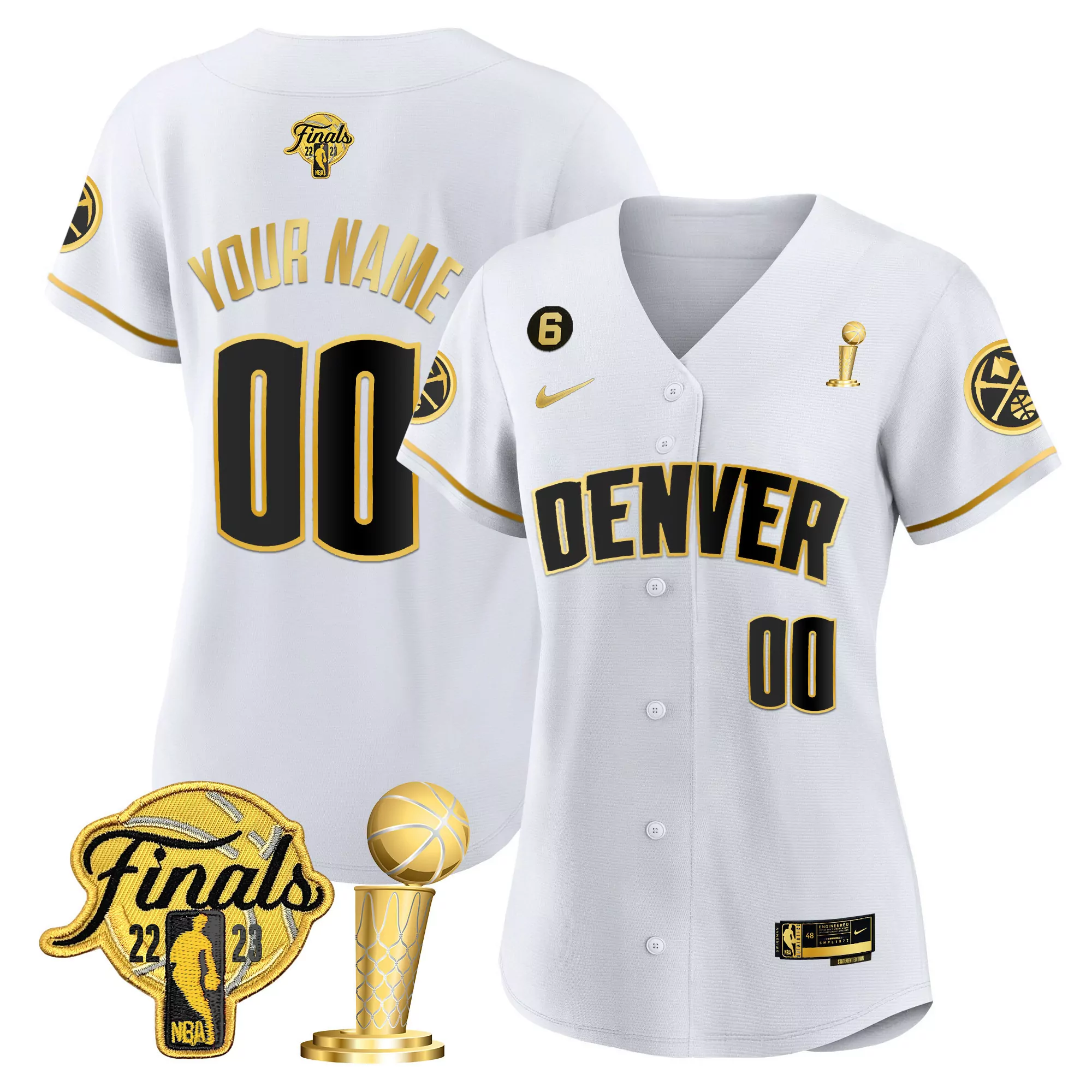 white gold women denver nuggets 2023 finals champions cool base custom jersey all stitched