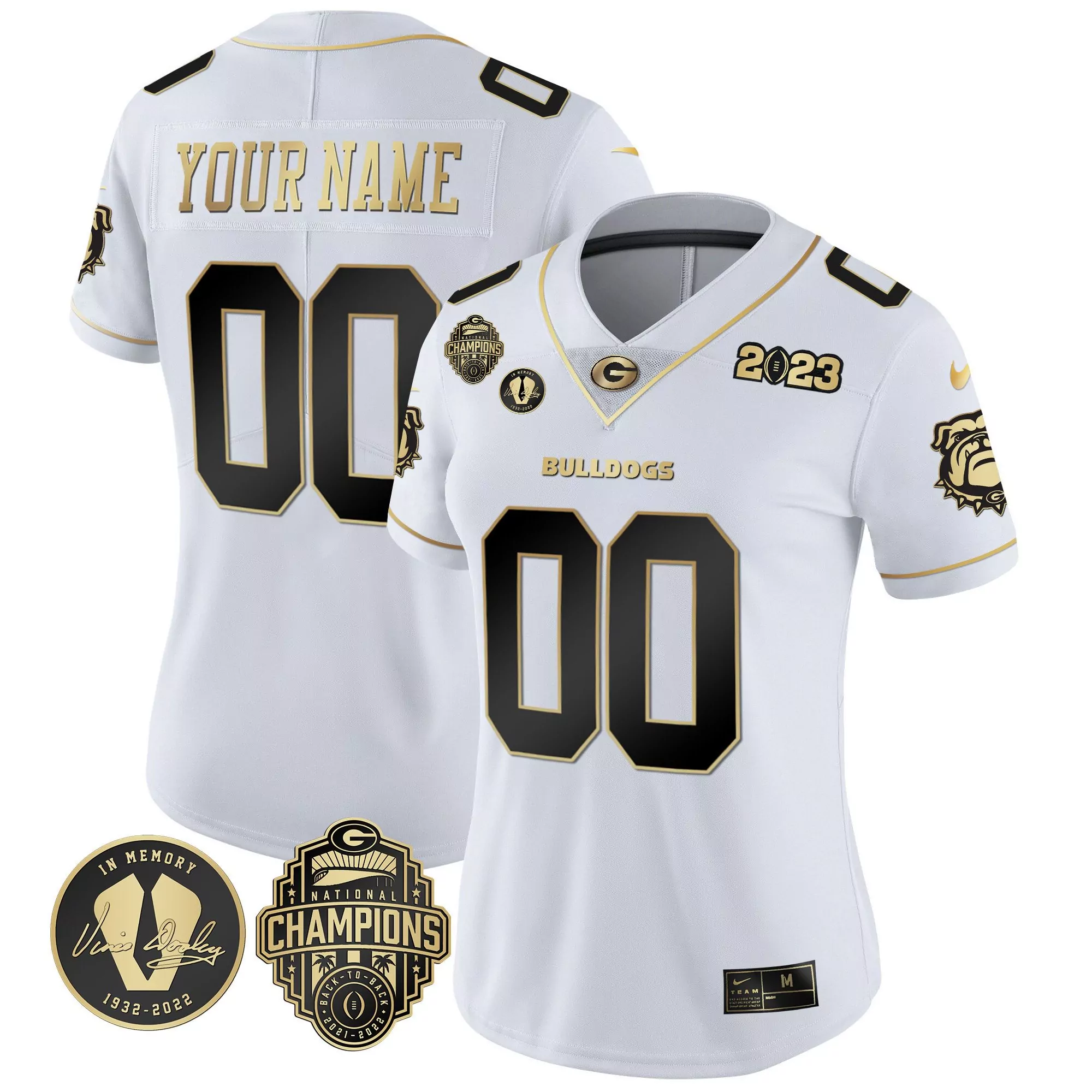 white gold women georgia bulldogs 2023 vince dooley patch gold custom jersey all stitched