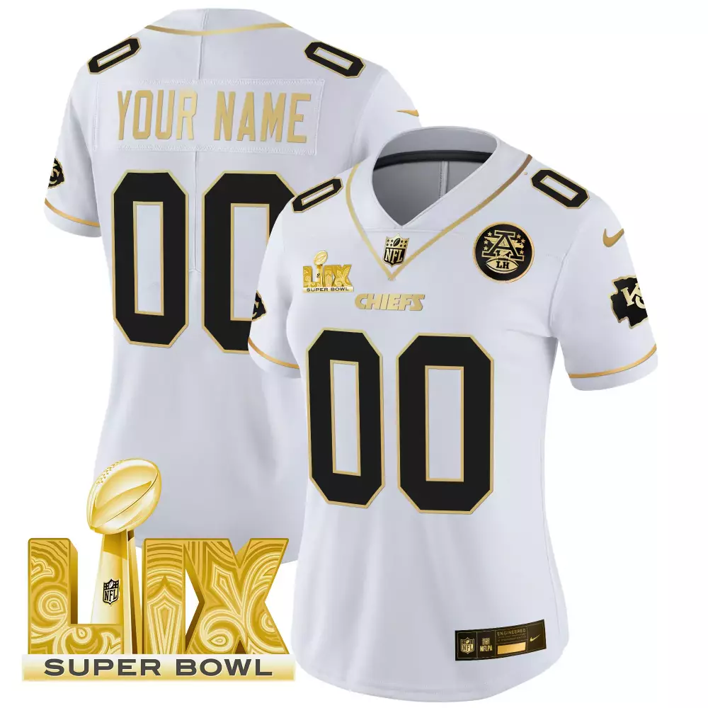 white gold men kansas city chiefs super bowl lviii pattern vapor custom jersey all stitched
