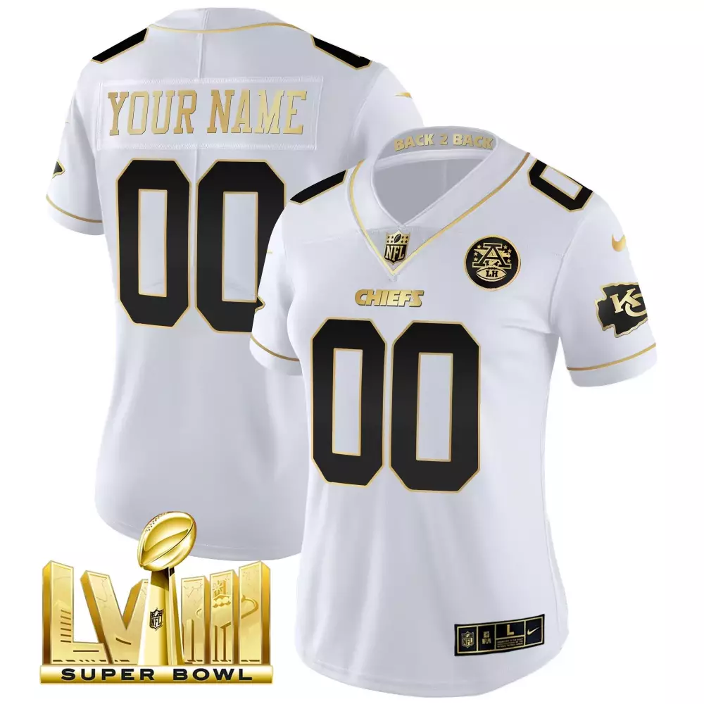 white gold women kansas city chiefs super bowl lviii back 2 back gold patch vapor custom jersey v2 all stitched