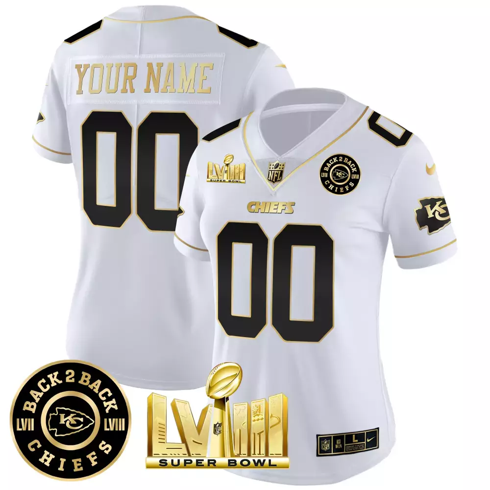 white gold women kansas city chiefs super bowl lviii back 2 back gold patch vapor custom jersey v2 all stitched