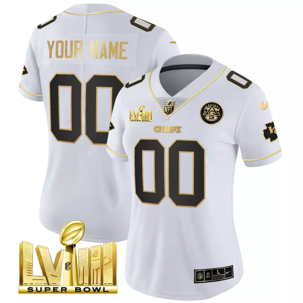 white gold women kansas city chiefs super bowl lviii back 2 back gold patch vapor custom jersey v2 all stitched