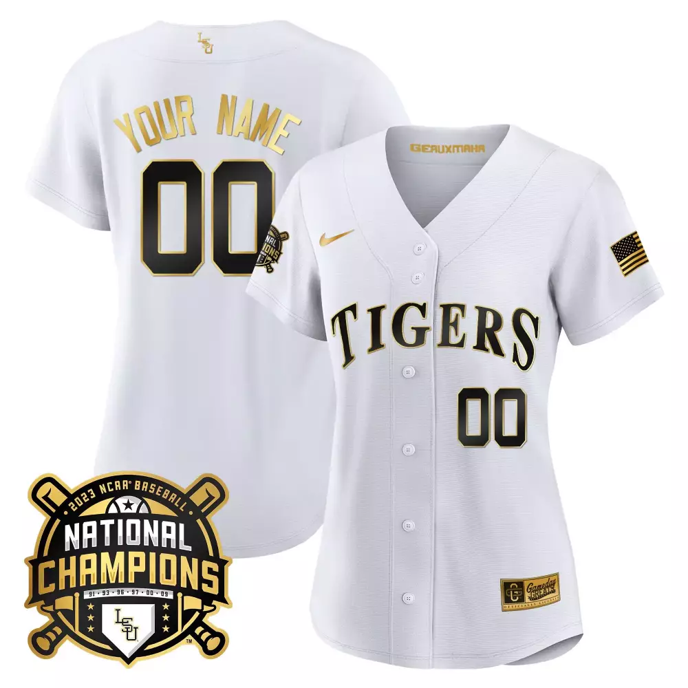 white gold men lsu tigers 2023 national champions gold cool custom jersey v4 all stitched