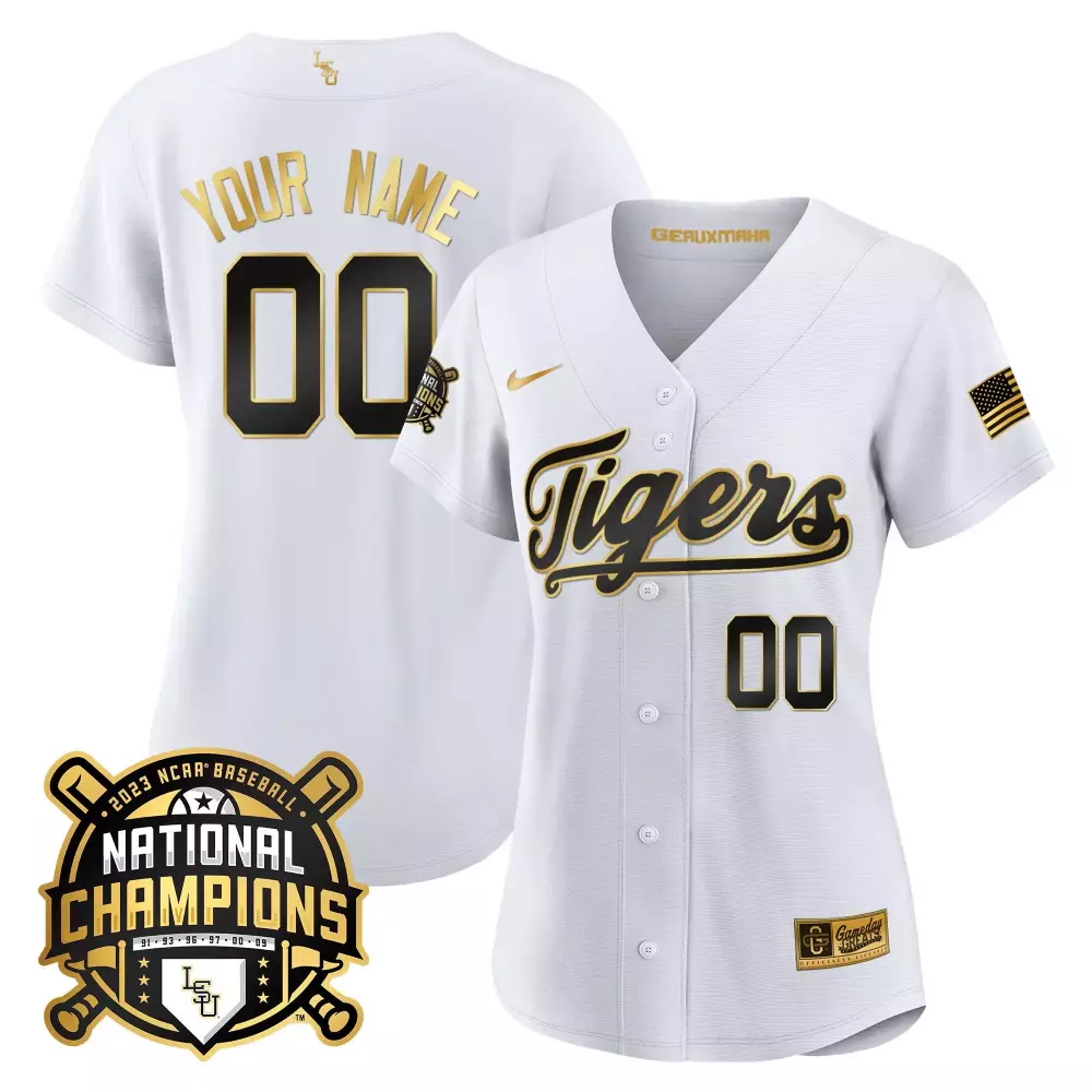 white gold women lsu tigers 2023 national champions gold cool custom jersey v2 all stitched