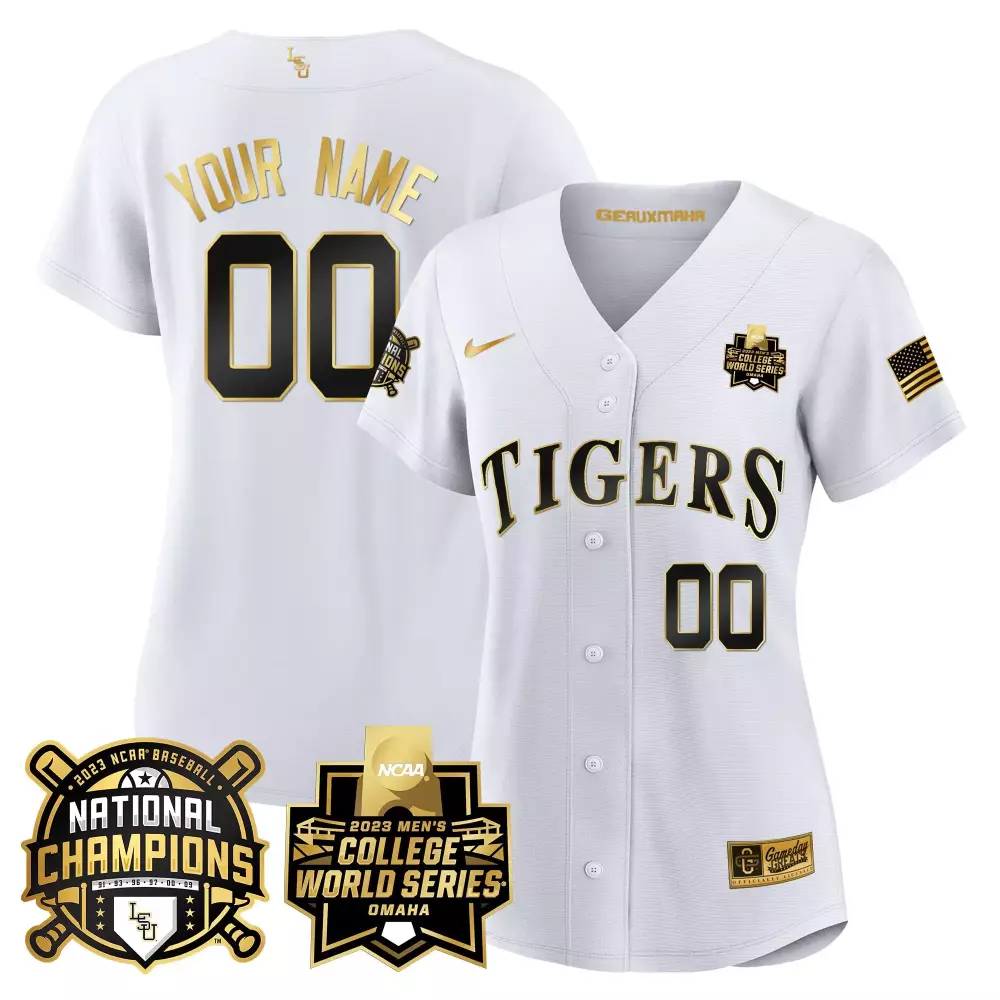 white gold women lsu tigers 2023 national champions gold cool custom jersey v2 all stitched