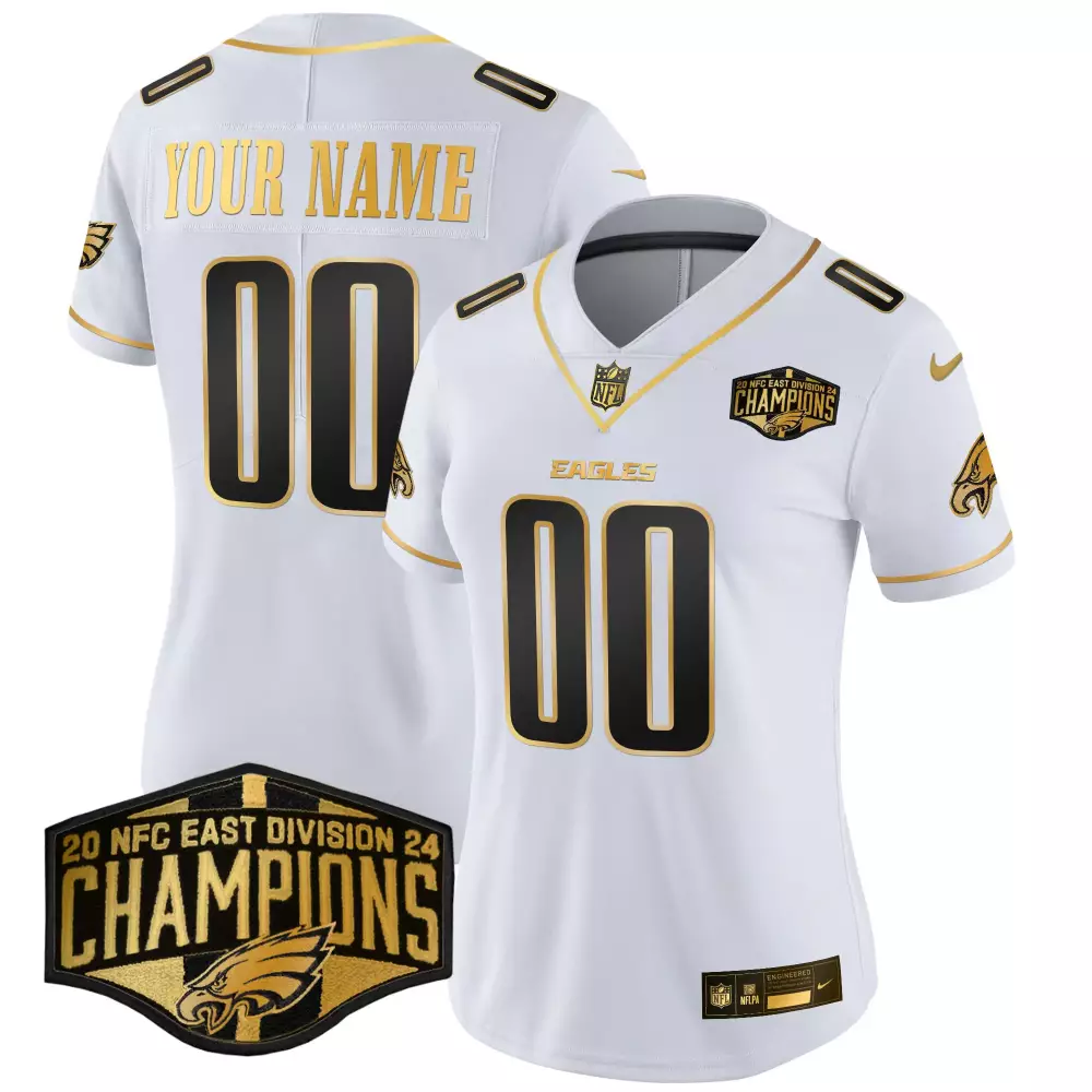 white gold women philadelphia eagles 2024 nfc east division champions gold vapor limited custom jersey all stitched
