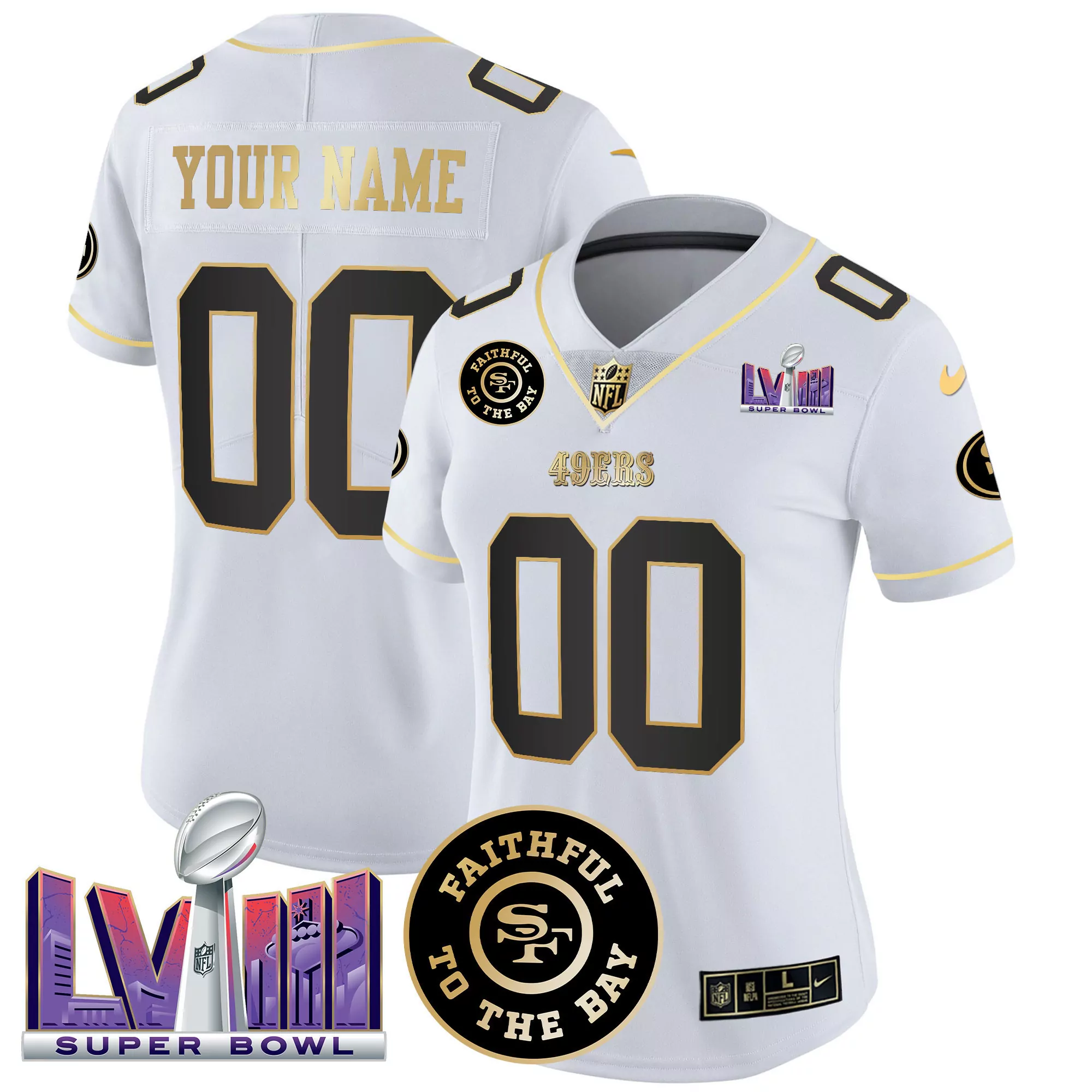 white gold women san francisco 49ers faithful super bowl lviii patch vapor custom jersey v2 all stitched