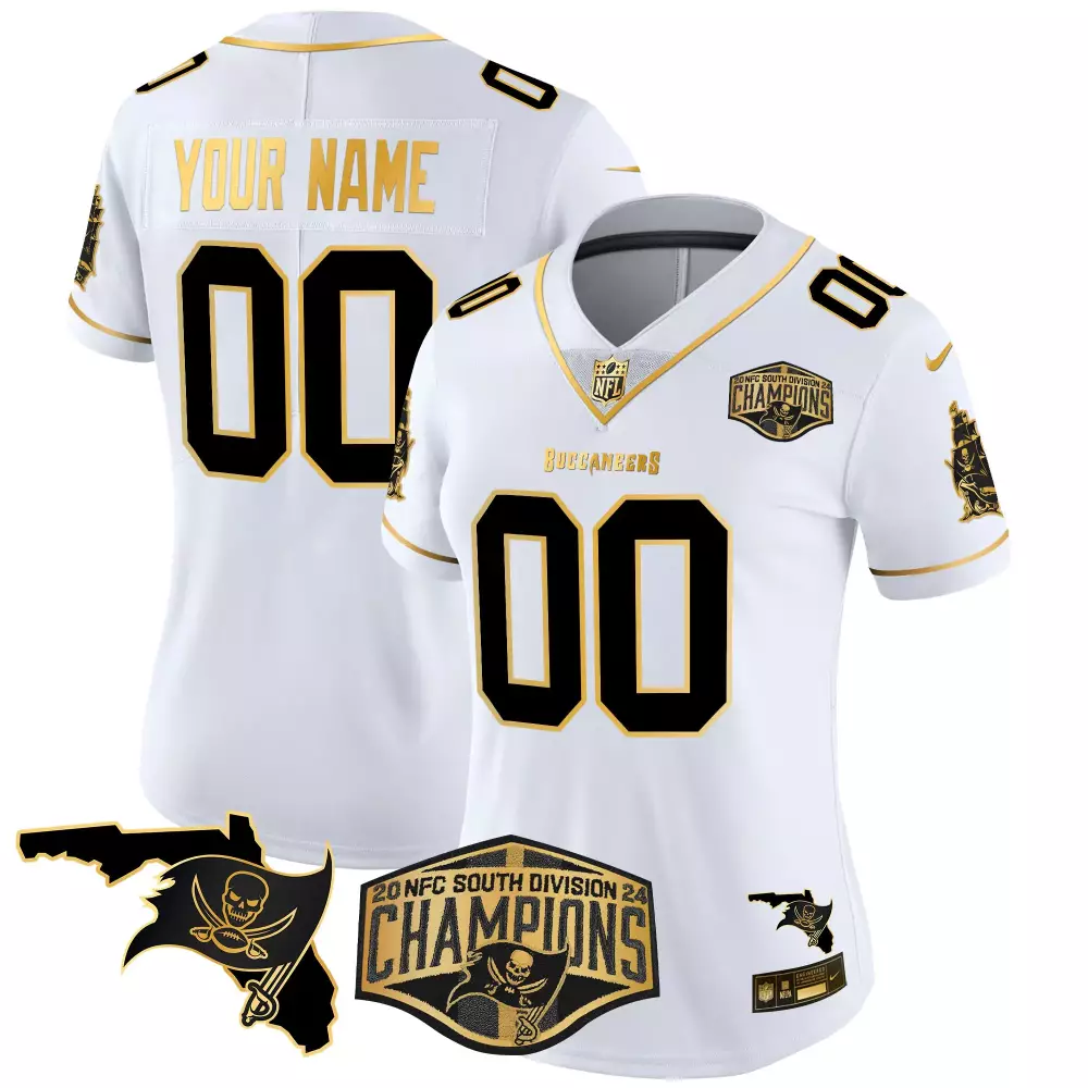 white gold women tampa bay buccaneers 2024 nfc south division champions patch gold vapor limited custom jersey all stitc