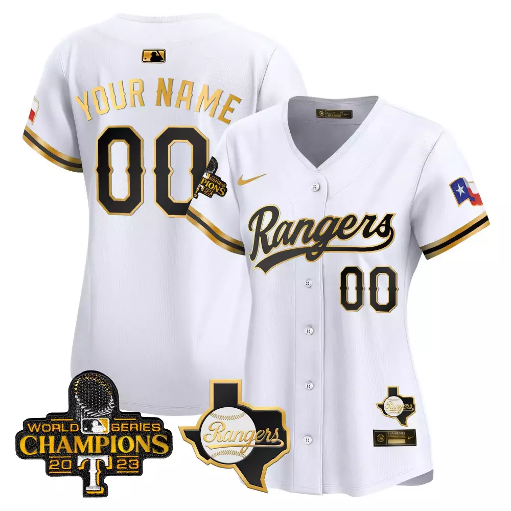 white gold women texas rangers 2023 world series champions gold trim vapor premier limited custom jersey v2 all stitched