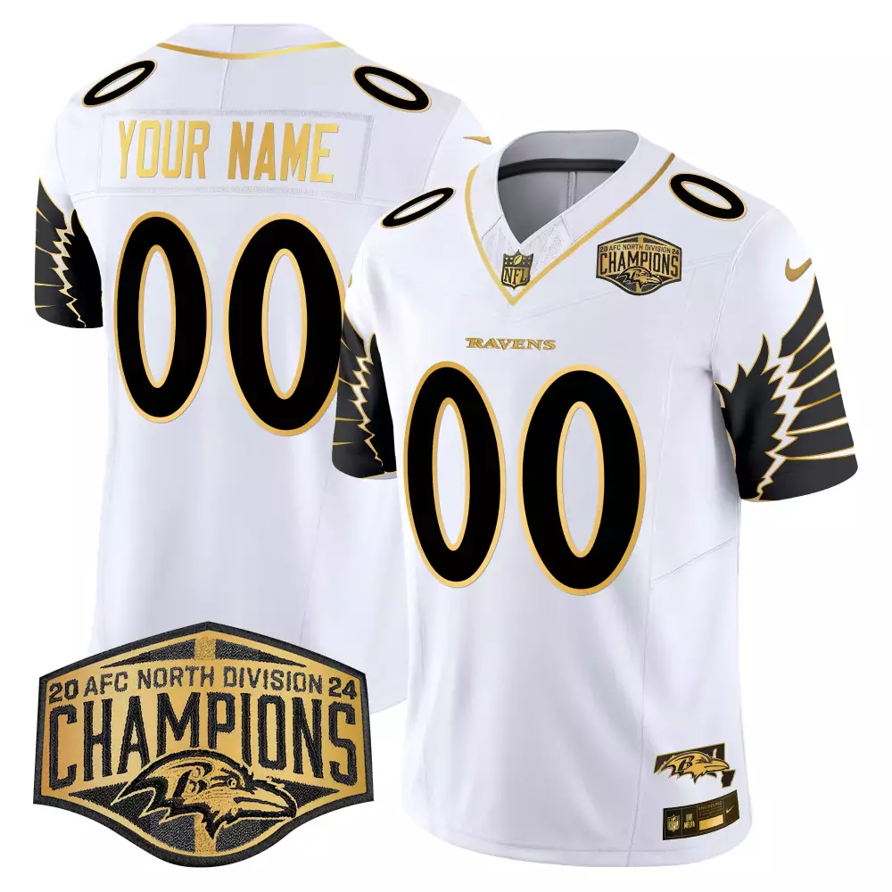 white gold youth baltimore ravens maryland 2024 afc north division champions patch gold vapor limited custom jersey all
