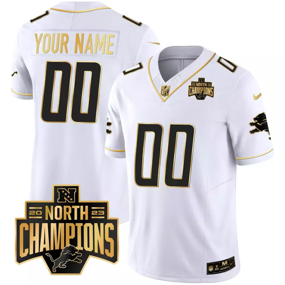 white gold youth detroit lions 2023 nfc north champions patch gold vapor custom jersey all stitched