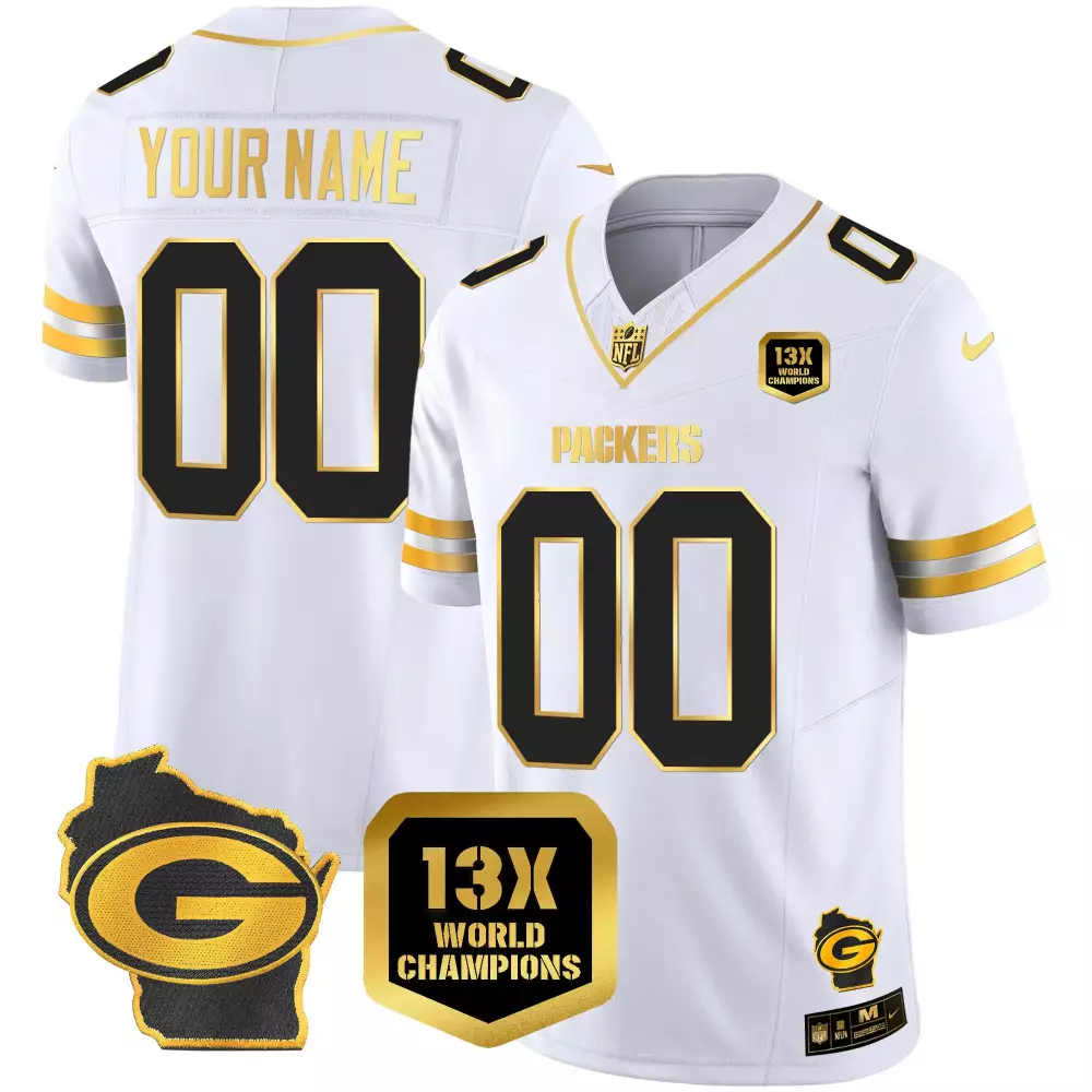 Green Bay Packers Youth 13-Time Champions Jersey | White Gold Stitched Vapor Style | For Youth