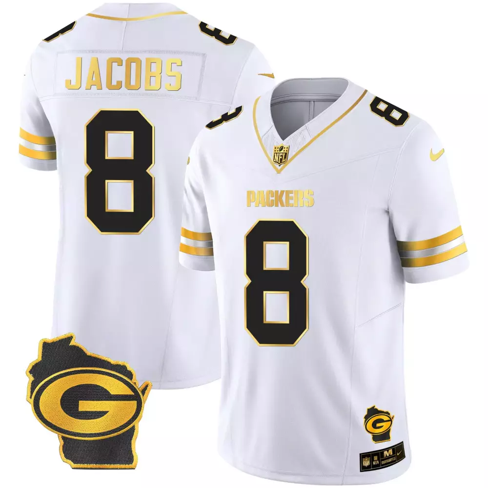 Josh Jacobs Green Bay Packers Youth Home Patch Jersey | White Gold Stitched Vapor Style | For Youth