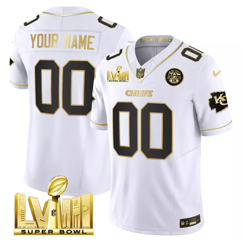 white gold youth kansas city chiefs super bowl lviii back 2 back gold patch vapor custom jersey v5 all stitched