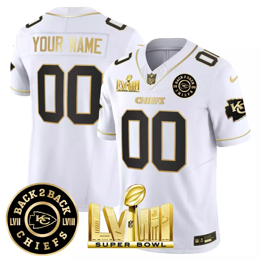 white gold youth kansas city chiefs super bowl lviii back 2 back gold patch vapor custom jersey v5 all stitched