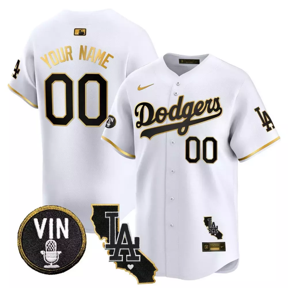 Los Angeles Dodgers Youth White Gold Vin California Patch Jersey | Gold Trim Vapor Premier Limited Edition | For Men, Women & Youth