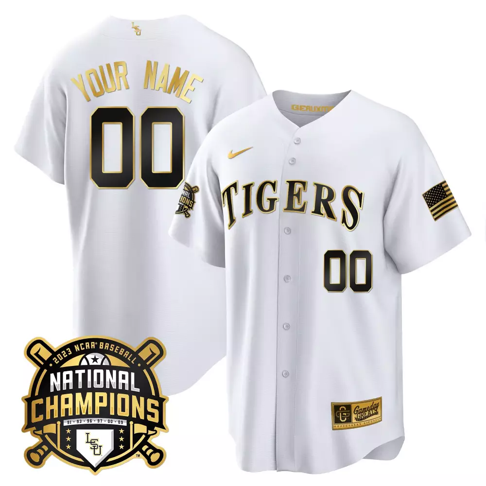 white gold women lsu tigers 2023 national champions gold cool custom jersey v2 all stitched