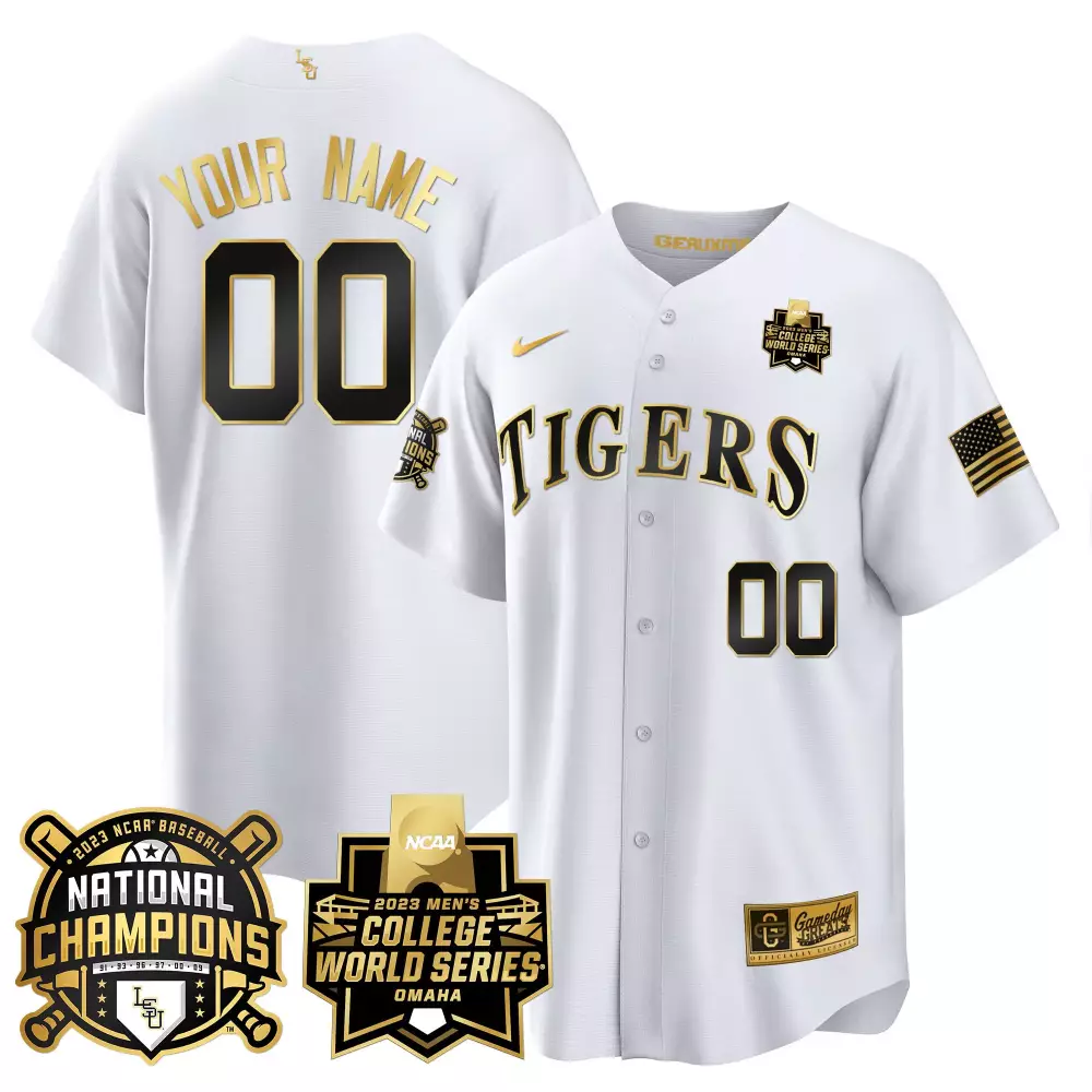 white gold youth lsu tigers 2023 national champions gold cool custom jersey v3 all stitched