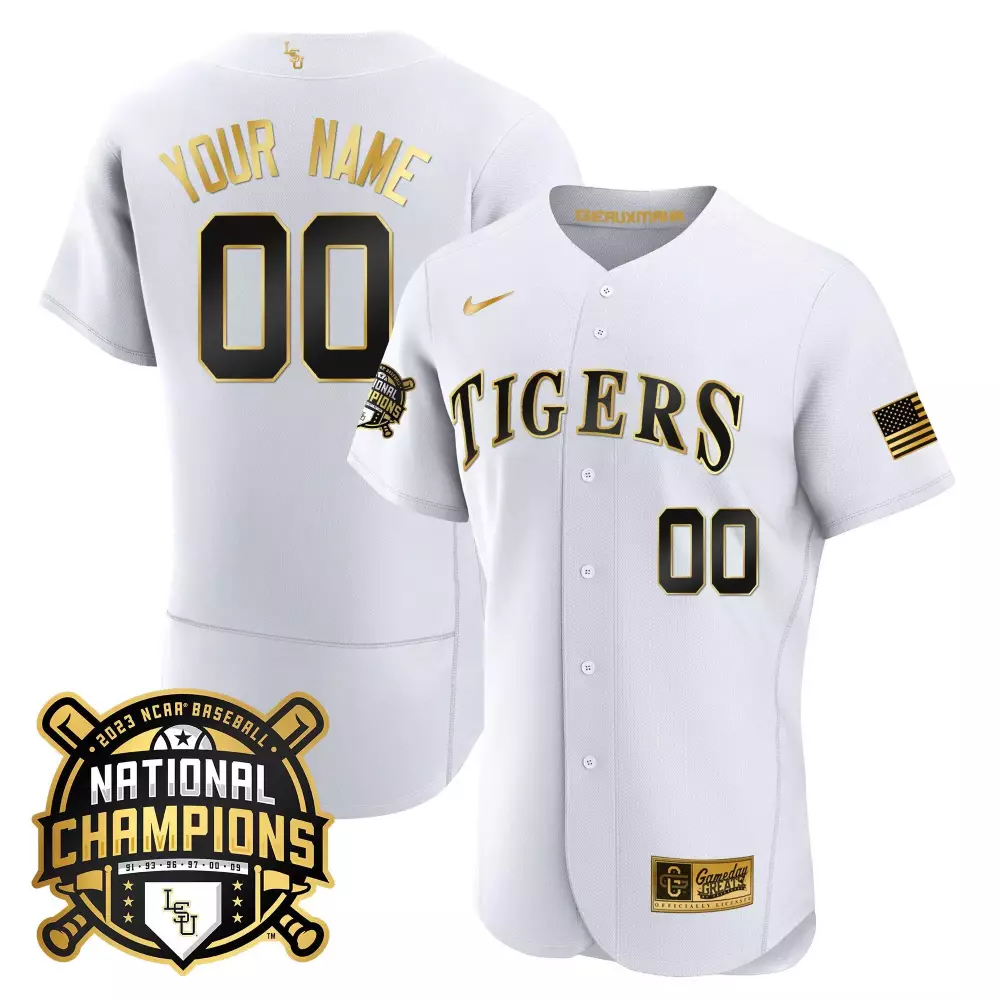 white gold youth lsu tigers 2023 national champions gold cool custom jersey v3 all stitched