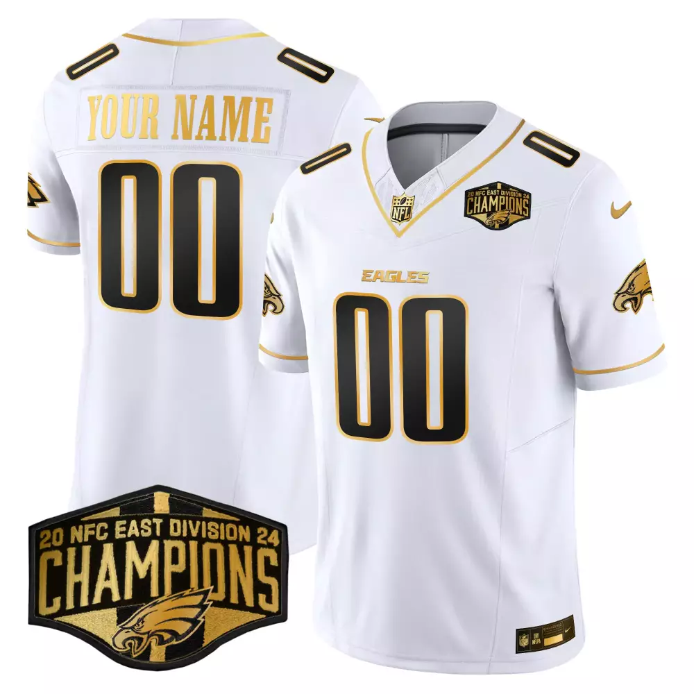 white gold youth philadelphia eagles 2024 nfc east division champions gold vapor limited custom jersey all stitched
