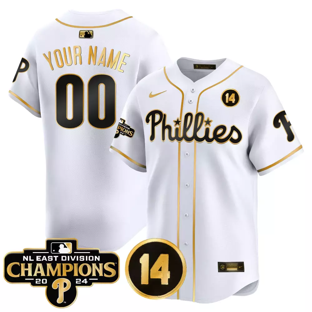 white gold youth philadelphia phillies 2024 nl east division champions gold vapor premier limited custom jersey all stit